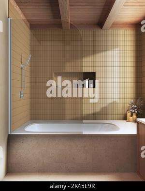 Japandiisches Badezimmer aus Holz und Marmor in Gelb- und Beigetönen. Badewanne mit Fliesen. Minimalistisches Interieur-Design des Bauernhauses Stockfoto