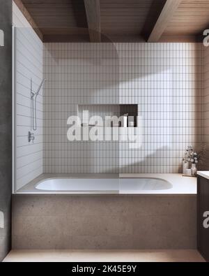 Japandiisches Badezimmer aus dunklem Holz und Marmor in Beigetönen. Badewanne mit Fliesen. Minimalistisches Interieur-Design des Bauernhauses Stockfoto