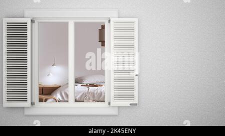 Außenputz-Wand mit weißem Fenster mit Fensterläden, zeigt das innere japandi-Schlafzimmer, leerer Hintergrund mit Kopierraum, Architekturdesign-Konzept Stockfoto