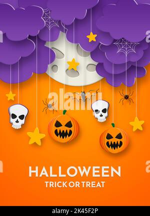 Happy Halloween Poster mit Kürbissen, Schädeln, Spinnennetz, fliegende Fledermaus, der Mond, Sterne und Wolken in Papierschnitt-Stil Illustration Stockfoto