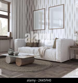 Wohnzimmerrahmen-Modell, Bauernhaus Boho-Stil in dunklen und beigen Tönen. Moderne Tapeten, Sofas und Dekore. Trendige Inneneinrichtung Stockfoto