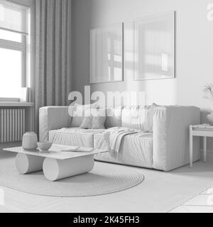 Total White Projekt Entwurf, Bauernhaus Boho Stil. Moderne Sofas und Dekore. Trendige Inneneinrichtung Stockfoto