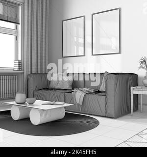 Blaupause unvollendeter Projektentwurf, Bauernhaus Boho-Stil. Moderne Sofas und Dekore. Trendige Inneneinrichtung Stockfoto