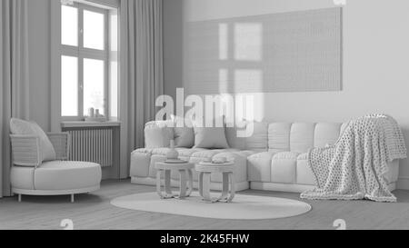 Total White Projekt Entwurf, Bauernhaus Wohnzimmer, Rattan-Möbel, Parkettboden und Macrame Wandkunst. Boho Innenarchitektur Stockfoto