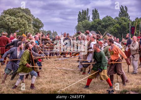 Wikingerschlacht, Trelleborg Vikings Festival, Trelleborg, Dänemark Stockfoto