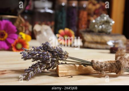 Gelbe Blume mit Pyritfelsen und Kristallen flacher Freiheitsgrad Stockfoto