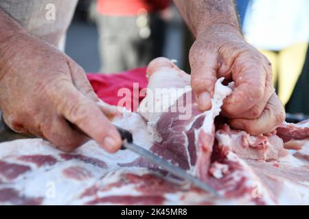 Produktionsprozess zur Schlachtung von Schweineschinken. Schweinsschnauze Stockfoto