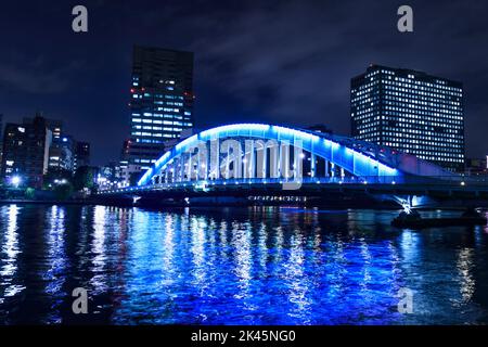 Die Stadt Tokio bei Nacht, der Sumida-Fluss und die beleuchtete Eitai-Brücke mit Hochhäusern. Stockfoto