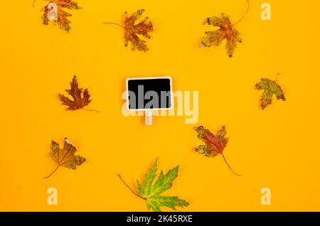 Mini-Tafel mit Kopierfläche auf gelbem Hintergrund. Vorlage zum Hinzufügen von Inhalten. Geschäft, Herbstverkauf und Bildung. Stockfoto