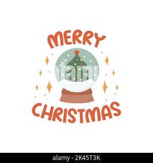 Fröhliche Weihnachtsbeschriftung mit handgezeichneten Weihnachtsdekorationen - Sterne, Glaskugel und Weihnachtsbaum. Festliche, farbenfrohe Schriftzüge Stock Vektor