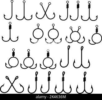 Angelhaken Set Symbol auf weißem Hintergrund. Verschiedene Angelhaken Zeichen. Fischhaken Monogramm. Flacher Stil. Stockfoto
