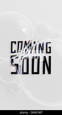 Glas fällt über kommenden bald Text auf weißem Hintergrund. Social Media Post Promotion. 3D Darstellung rendern Stockfoto