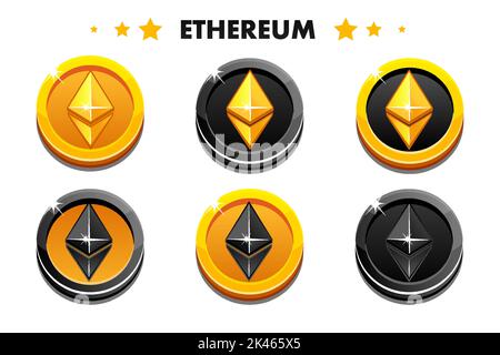 Goldene und schwarze Farben ETHEREUM-Münzen. Kryptowährung, ETHEREUM Internetwährung der Zukunft Stock Vektor