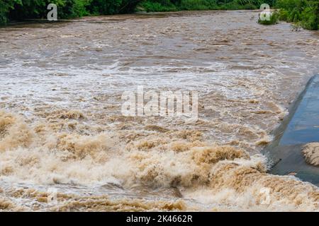 Stromschnellen auf einem schlammigen Fluss, der schnell in einem schlammigen Fluss fließt und nach heftigem Regen in der Regenzeit über die Oberfläche spritzt. Stockfoto