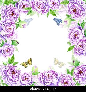 Ein anmutiger runder Rahmen, der mit Aquarellblumen und Blättern verziert ist. Festliche Komposition für eine Grußkarte oder Ihr Design. Stockfoto
