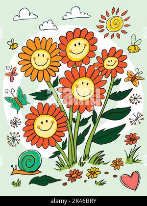 Vektor-niedlichen glücklich Gänseblümchen-Blumen-Porträt mit Schnecke und Schmetterlinge Illustration. Perfekt für Grußkarten. Stock Vektor