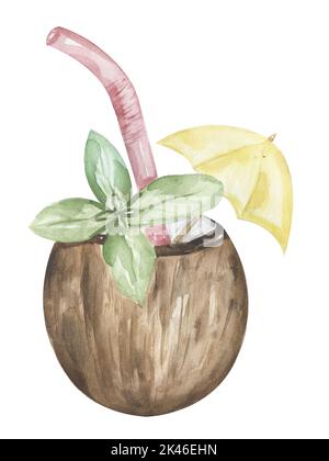 Kokosnusscocktail, Aquarell, handgezeichnete Getränke. Stockfoto