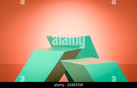 Grüne diagonale geometrische abstrakte Podien auf rotem Hintergrund. 3D Rendern Stockfoto
