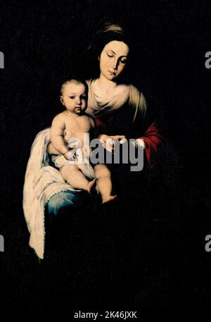 VIRGEN SENTADA CON NIÑO - 1640 - BARROCO ESPAÑOL. Autor: BARTOLOME MURILLO (1618-1682). ORT: MUSEO DE BELLAS ARTES-CONVENTO DE LA MERCED CALZAD. Sevilla. Sevilla. SPANIEN. KIND JESUS. JUNGFRAU MARIA. Stockfoto