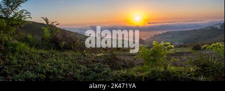 Panorama-Landschaft bei Sonnenuntergang am Berg Foia in Monchique, Provinz Algarve, Portugal. Stockfoto