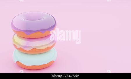 Gruppe von Cartoon-Donuts auf rosa Hintergrund, 3D Render Stockfoto