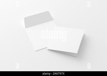 Quadratische gefaltete Einladungskarte mit weißem Umschlag 3D Rendering Mockup Stockfoto