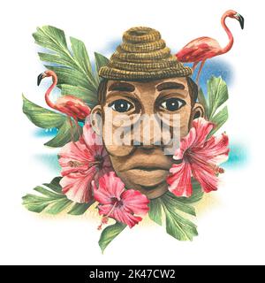 Tonmaske in Form eines schwarzen Mannes in Palmblättern und Hibiskusblüten, rosa Flamingos. Aquarelldarstellung. Zusammensetzung eines großen Sets von KUBA Stockfoto