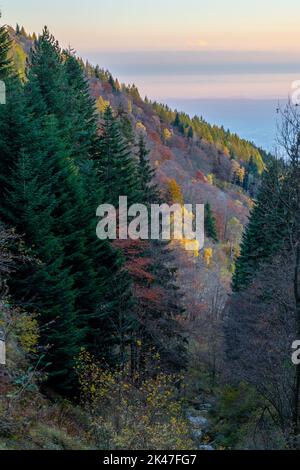 Schöne Aussicht auf Oropa Heiligtum von den alpen ein schöner Herbsttag. Oropa, Biella, Italien Stockfoto