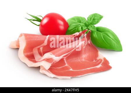 Italienischer Prosciutto Crudo oder spanischer Jamon. Roher Schinken isoliert auf weißem Hintergrund mit voller Schärfentiefe Stockfoto