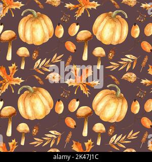 Aquarell-Nahtloses Muster aus Herbstelementen. Niedlichen Herbst Ernte Hintergrund. Erntedankdruck Stockfoto