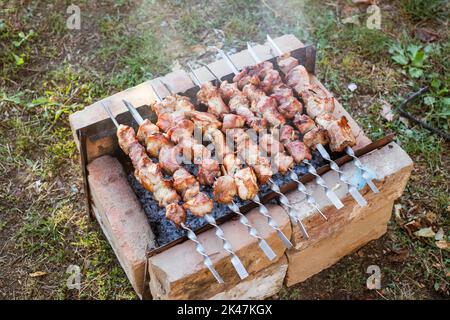 Schweinespieße werden auf Spieße über Holzkohle auf einem hausgemachten gemauerten Grill gebraten. Köstliches Barbecue-Abendessen am Wochenende. Stockfoto