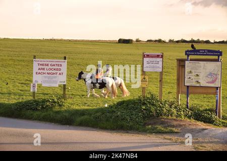 29. September, 2022 Epsom Downs, Surrey, UK Ein paar lokale Reiter gehen auf ihren Pferden und andere trainieren auf den Downs oberhalb von Epsom - der Stadt Surrey, wo jährlich das berühmteste Pferderennen der Welt, das Derby, stattfindet. Stockfoto