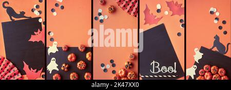 Halloween-Storys-Vorlage für Social Media. Set von flachen Lay-Fotos von Kürbissen, schwarzen Papierkatzen, Geistern und Buts auf orangefarbenem und schwarzem Hintergrund. Stockfoto