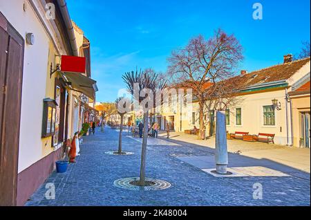 Fußgängerzone Dumtsa Jeno Straße in der Altstadt mit Reihe von historischen Häusern mit Museen, Kunstgalerien, Souvenirläden, Szentendre, Ungarn Stockfoto