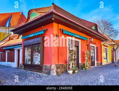 SZENTENDRE, UNGARN - 24. FEBRUAR 2022: Das farbige Gebäude des Touristenladens in der Dumtsa-Jeno-Straße, am 24. Februar in Szentendre Stockfoto