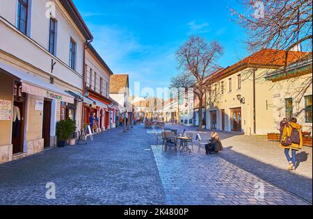 SZENTENDRE, UNGARN - 24. FEBRUAR 2022: Die Vintage-Häuser mit Restaurants, Touristenläden und Kunstgalerien in der Dumtsa Jeno Straße, am 24. Februar in Szentendr Stockfoto