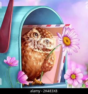 Bild einer niedlichen Eule in einem Briefkasten und rosa Blumen Stockfoto
