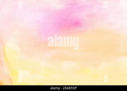 Aquarell hellgelb, orange und rosa Hintergrund. Pfirsichfarben verschwommene Tapete, handbemalt. Bunte Aquarell hellen weichen Hintergrund, Flecken Stockfoto