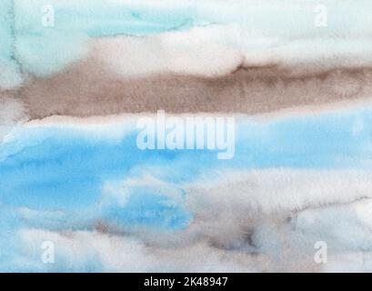 Aquarell hellblau und braun Hintergrundstruktur. Farbenfrohe, pastellfarbene, flüssige Kulisse. Flecken auf Papier. Stockfoto