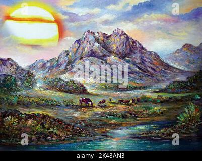 Handgemalte originale Meisterwerke des Impressionismus Maler zeitgenössische Kunst Ölmalerei ländliche Landschaft thailands Stockfoto