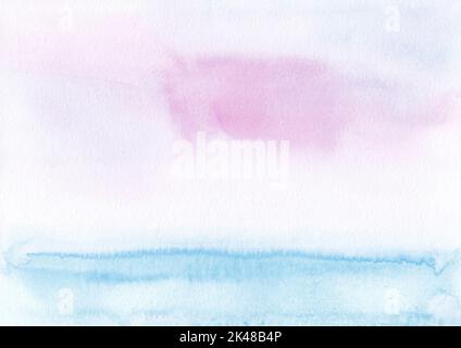 Aquarell pastellrosa und blau Hintergrundstruktur. Abstrakte Aquarelllandschaft. Flecken auf Papier, handbemalt. Stockfoto