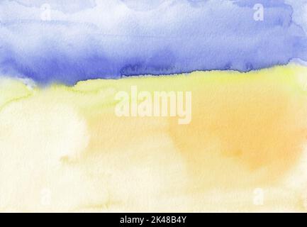 Abstrakte Aquarell blau-lila, gelb und orange Hintergrundstruktur, handbemalt. Künstlerischer Hintergrund, Flecken auf Papier. Aquarelle Malerei Tapete. Stockfoto