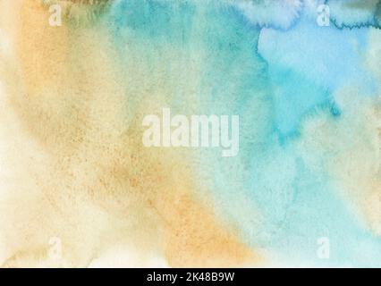 Aquarell pastellgelb und blau Hintergrundstruktur. Hellbeige und türkisfarbene Flecken auf Papier, handbemalt. Stockfoto