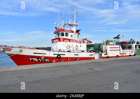 Hafen- und galizische Fischerboote bei Rias Baixas in der Region Galicien. Camariñas, Spanien. November 28, 2020. Stockfoto