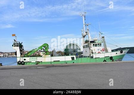 Hafen- und galizische Fischerboote bei Rias Baixas in der Region Galicien. Camariñas, Spanien. November 28, 2020. Stockfoto