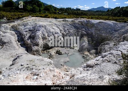 Der „Inferno-Krater“ und kochender Schlamm im Wai-O-Tapu Thermal Wonderland in der Nähe der am See gelegenen Stadt Rotorua in der Bucht von Plenty North Island Stockfoto