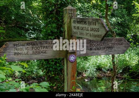 Detail eines hölzernen Wegmarkers am Ufer des Flusses Teign in Fingle Woods, unterhalb von Castle Drogo. Stockfoto