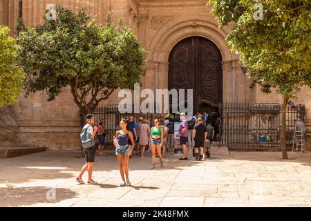 Touristen warten am Eingang der Kathedrale von Málaga oder der Kathedrale Santa Iglesia Basílica de la Encarnación in Spanien. Stockfoto