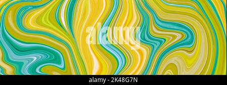 Mehrfarbiger digitaler abstrakter Hintergrund, gebogene Formen. Leuchtend gelb und blau bemalte Textur. Breites Banner, kreatives, witziges Design. Moderne Panorama-Rückseite Stockfoto