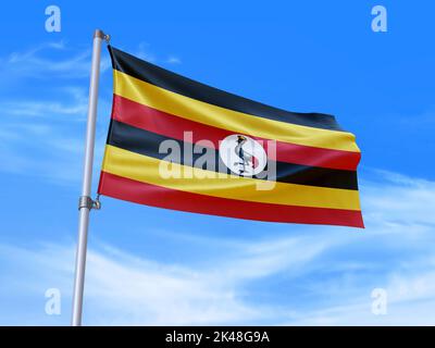 Wunderschöne Uganda-Flagge, die im Wind winkt, mit Himmelshintergrund - 3D Abbildung - 3D Rendering Stockfoto